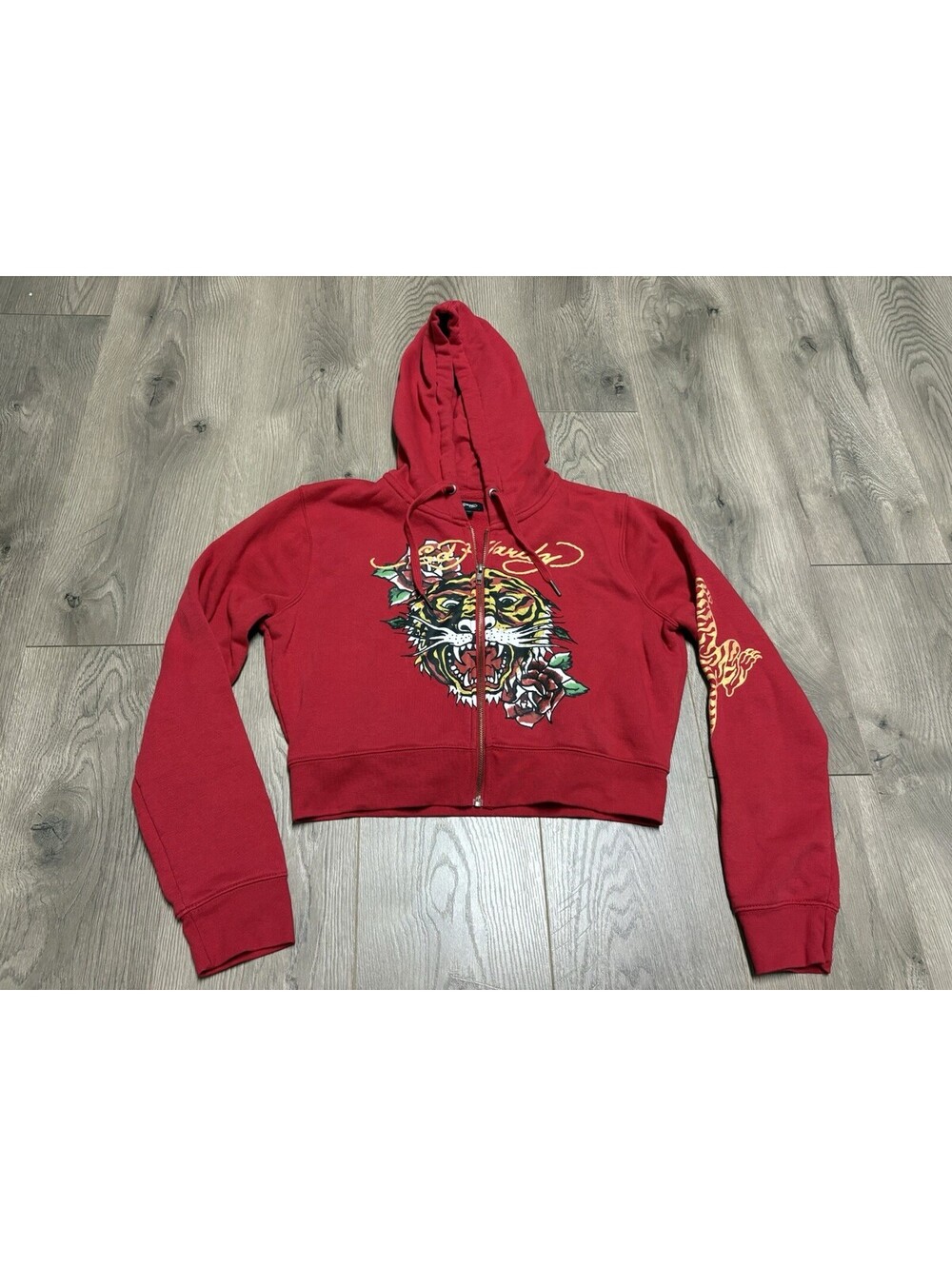 Ed Hardy Hoodie Sweatshirt Womens XL Cherry Red Retro Tiger Art Cropped Zip